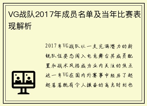 VG战队2017年成员名单及当年比赛表现解析